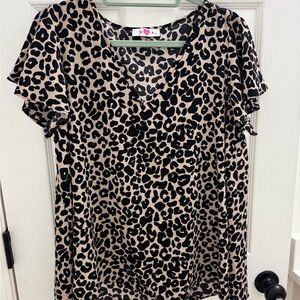 Buddy Love Beige and Black Leopard Print V-Neck Flutter Sleeve Top